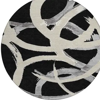 8' Black Ivory And Gray Round Abstract Washable Indoor Outdoor Area Rug