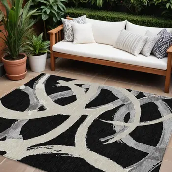 10' X 14' Black Ivory And Gray Abstract Washable Indoor Outdoor Area Rug