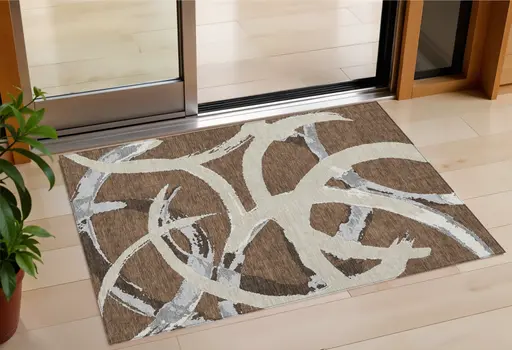 3' X 5' Brown Beige And Gray Abstract Washable Indoor Outdoor Area Rug