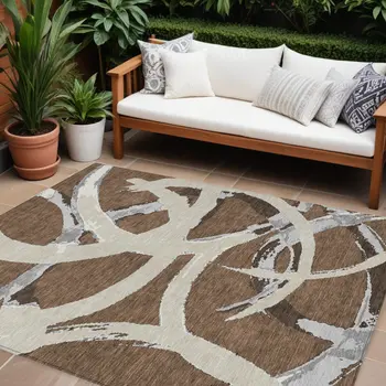 10' X 14' Brown Beige And Gray Abstract Washable Indoor Outdoor Area Rug