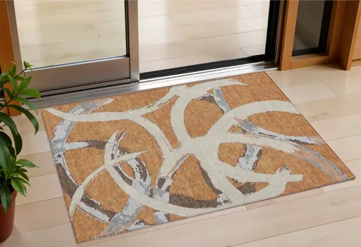 3' X 5' Copper Ivory And Gray Abstract Washable Indoor Outdoor Area Rug