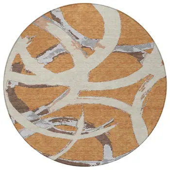 8' Copper Ivory And Gray Round Abstract Washable Indoor Outdoor Area Rug