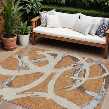 8' X 10' Copper Ivory And Gray Abstract Washable Indoor Outdoor Area Rug