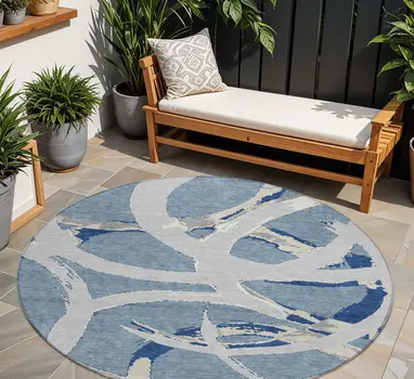 8' Gray Round Abstract Washable Indoor Outdoor Area Rug