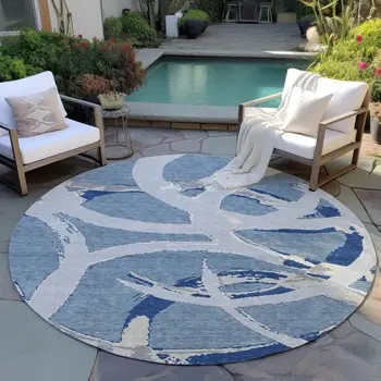 8' Gray Round Abstract Washable Indoor Outdoor Area Rug