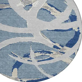 8' Gray Round Abstract Washable Indoor Outdoor Area Rug