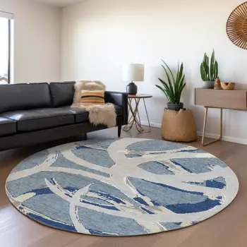 8' Gray Round Abstract Washable Indoor Outdoor Area Rug