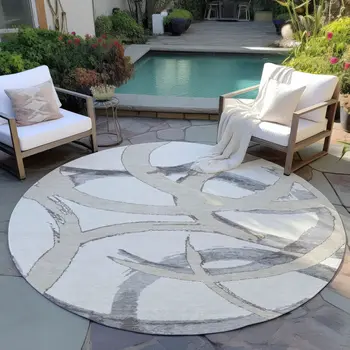 8' Ivory Gray And Beige Round Abstract Washable Indoor Outdoor Area Rug