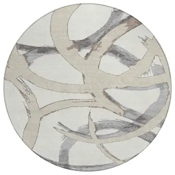 8' Ivory Gray And Beige Round Abstract Washable Indoor Outdoor Area Rug