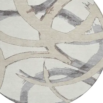 8' Ivory Gray And Beige Round Abstract Washable Indoor Outdoor Area Rug