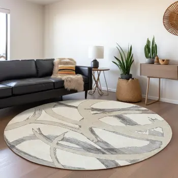 8' Ivory Gray And Beige Round Abstract Washable Indoor Outdoor Area Rug