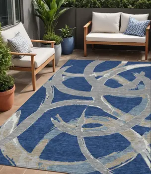 5' X 8' Navy Blue Gray And Ivory Abstract Washable Indoor Outdoor Area Rug