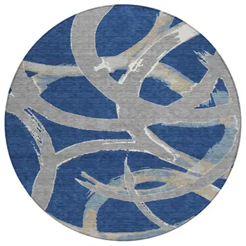 8' Navy Blue Gray And Ivory Round Abstract Washable Indoor Outdoor Area Rug