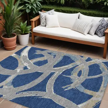 10' X 14' Navy Blue Gray And Ivory Abstract Washable Indoor Outdoor Area Rug