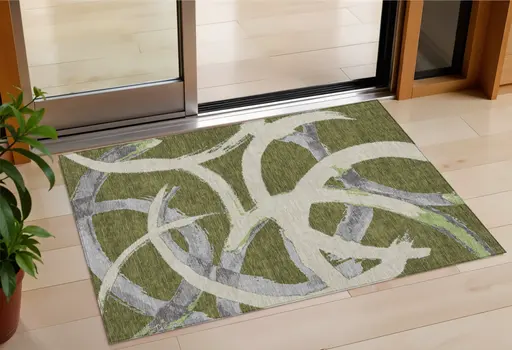 3' X 5' Olive Green Beige And Gray Abstract Washable Indoor Outdoor Area Rug