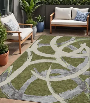5' X 8' Olive Green Beige And Gray Abstract Washable Indoor Outdoor Area Rug