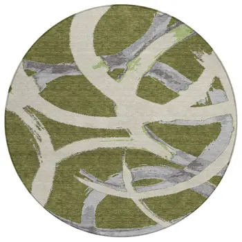 8' Olive Green Beige And Gray Round Abstract Washable Indoor Outdoor Area Rug