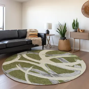 8' Olive Green Beige And Gray Round Abstract Washable Indoor Outdoor Area Rug