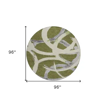 8' Olive Green Beige And Gray Round Abstract Washable Indoor Outdoor Area Rug