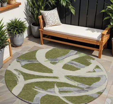 8' Olive Green Beige And Gray Round Abstract Washable Indoor Outdoor Area Rug