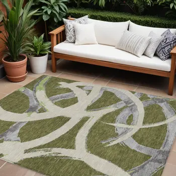 8' X 10' Olive Green Beige And Gray Abstract Washable Indoor Outdoor Area Rug