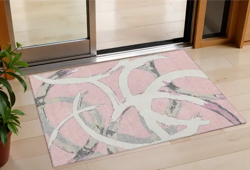 3' X 5' Pink Ivory And Gray Abstract Washable Indoor Outdoor Area Rug