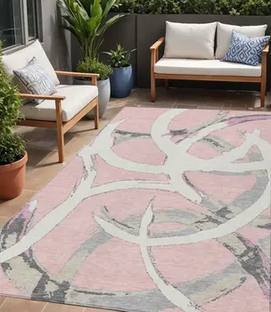 5' X 8' Pink Ivory And Gray Abstract Washable Indoor Outdoor Area Rug