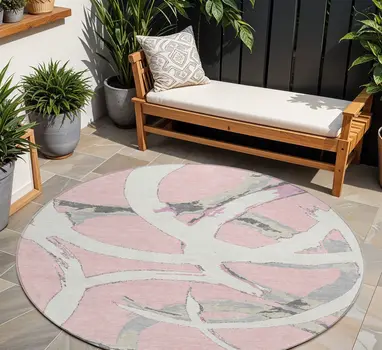 8' Pink Ivory And Gray Round Abstract Washable Indoor Outdoor Area Rug