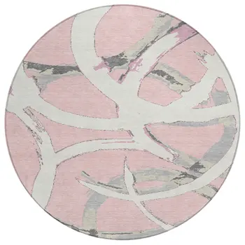 8' Pink Ivory And Gray Round Abstract Washable Indoor Outdoor Area Rug