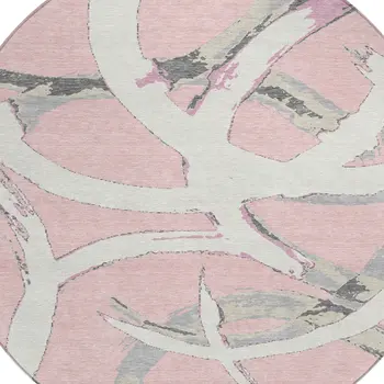 8' Pink Ivory And Gray Round Abstract Washable Indoor Outdoor Area Rug