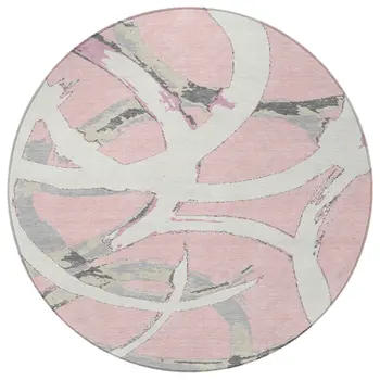 8' Pink Ivory And Gray Round Abstract Washable Indoor Outdoor Area Rug