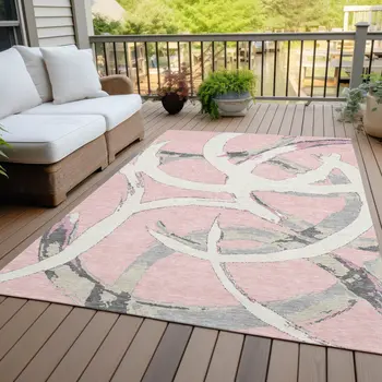 8' X 10' Pink Ivory And Gray Abstract Washable Indoor Outdoor Area Rug