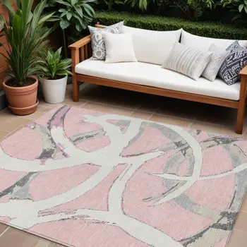 9' X 12' Pink Ivory And Gray Abstract Washable Indoor Outdoor Area Rug