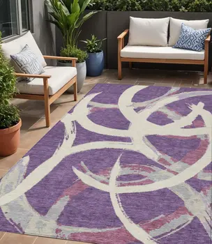 5' X 8' Purple Ivory And Gray Abstract Washable Indoor Outdoor Area Rug