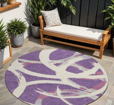 8' Purple Ivory And Gray Round Abstract Washable Indoor Outdoor Area Rug