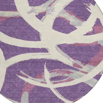 8' Purple Ivory And Gray Round Abstract Washable Indoor Outdoor Area Rug