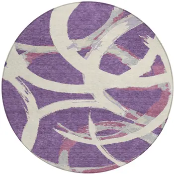 8' Purple Ivory And Gray Round Abstract Washable Indoor Outdoor Area Rug