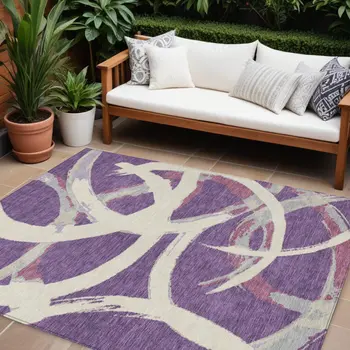 8' X 10' Purple Ivory And Gray Abstract Washable Indoor Outdoor Area Rug
