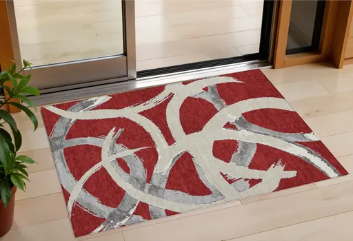 3' X 5' Red Beige And Gray Abstract Washable Indoor Outdoor Area Rug
