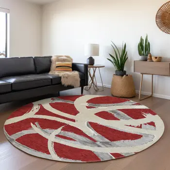 8' Red Beige And Gray Round Abstract Washable Indoor Outdoor Area Rug