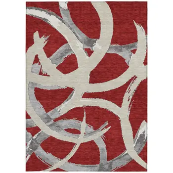 8' X 10' Red Beige And Gray Abstract Washable Indoor Outdoor Area Rug