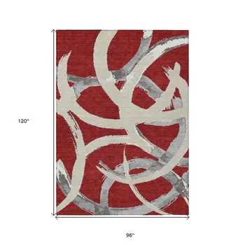 8' X 10' Red Beige And Gray Abstract Washable Indoor Outdoor Area Rug
