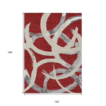 10' X 14' Red Beige And Gray Abstract Washable Indoor Outdoor Area Rug