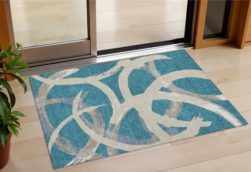 3' X 5' Teal Blue Beige And Gray Abstract Washable Indoor Outdoor Area Rug