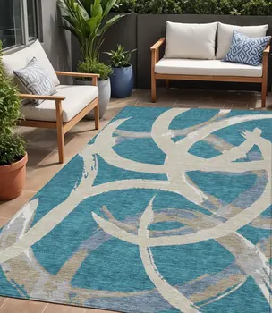 5' X 8' Teal Blue Beige And Gray Abstract Washable Indoor Outdoor Area Rug