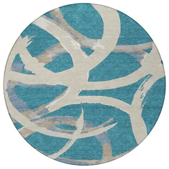 8' Teal Blue Beige And Gray Round Abstract Washable Indoor Outdoor Area Rug