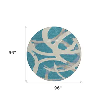 8' Teal Blue Beige And Gray Round Abstract Washable Indoor Outdoor Area Rug