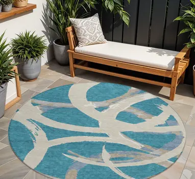 8' Teal Blue Beige And Gray Round Abstract Washable Indoor Outdoor Area Rug