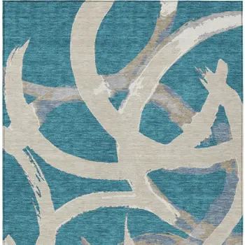 8' X 10' Teal Blue Beige And Gray Abstract Washable Indoor Outdoor Area Rug