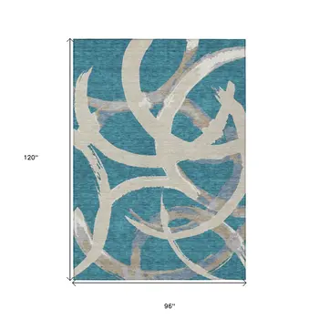 8' X 10' Teal Blue Beige And Gray Abstract Washable Indoor Outdoor Area Rug